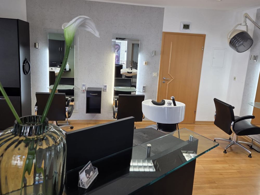 Salonraum mit Frisierplätzen, Waschplatz und Trockenhaube im Friseursalon Häfner
